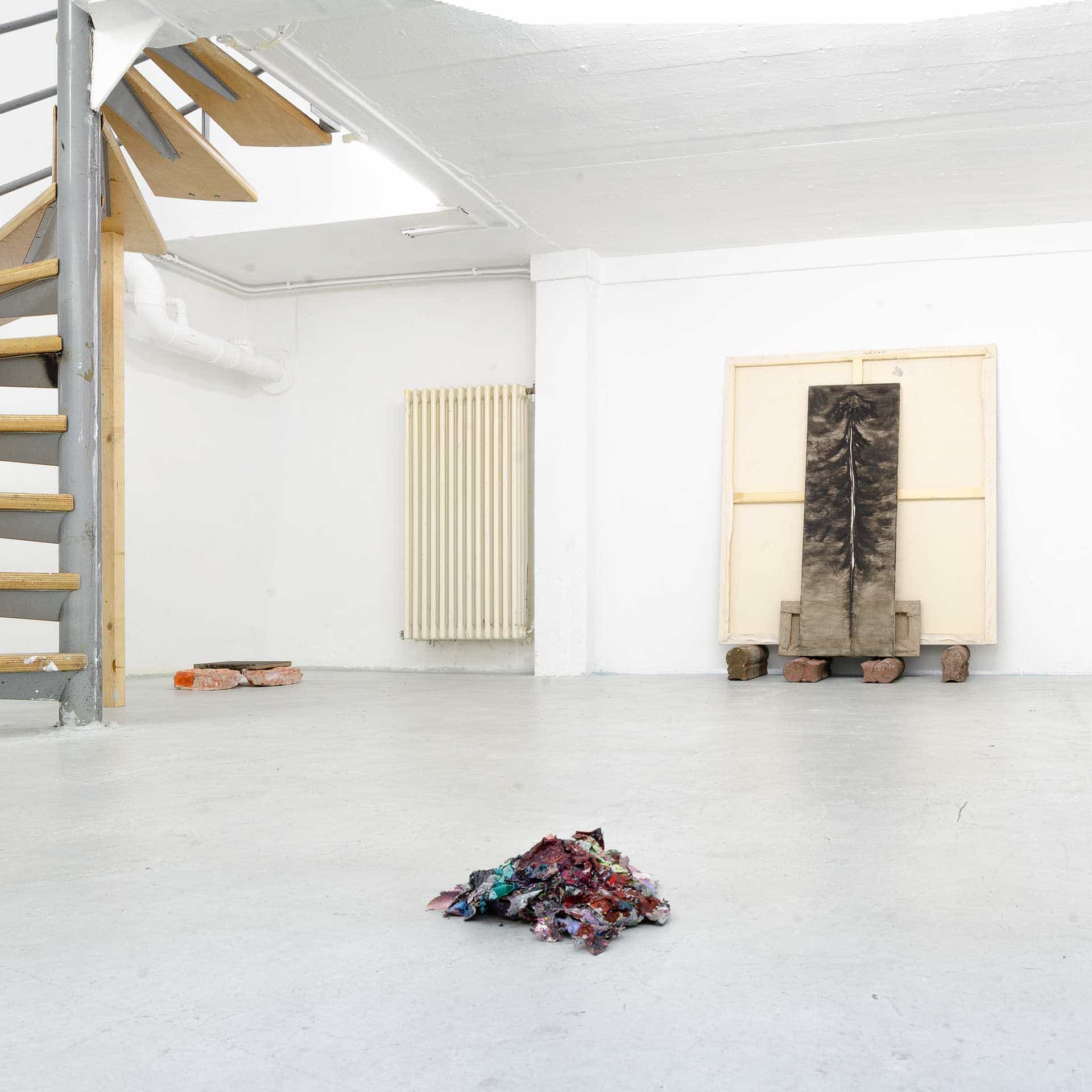 Installation view of the exhibition 'ACT II: Shaking, Tumbling, And All the Little Mistakes We Make Along the Way' at SIGN project space, featuring the painting series 'Hiding In Plain Sight' by Simon Scharinger